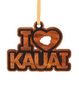 Koa Flat Ornament - I Love Kauai