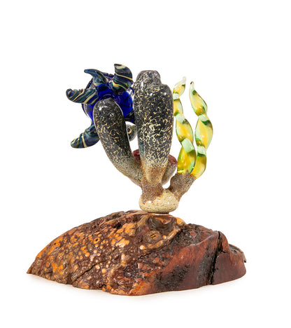 Escultura de vidrio "Dos tiburones martillo y coral" de Luke Olsen