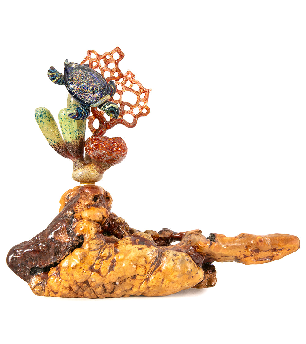 Escultura de vidrio "Dos tiburones martillo y coral" de Luke Olsen