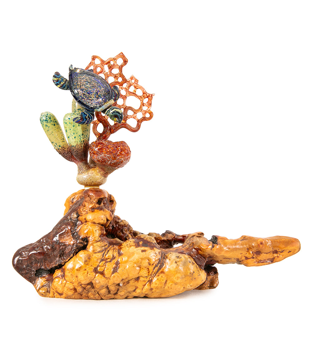 Escultura de vidrio "Dos tiburones martillo y coral" de Luke Olsen