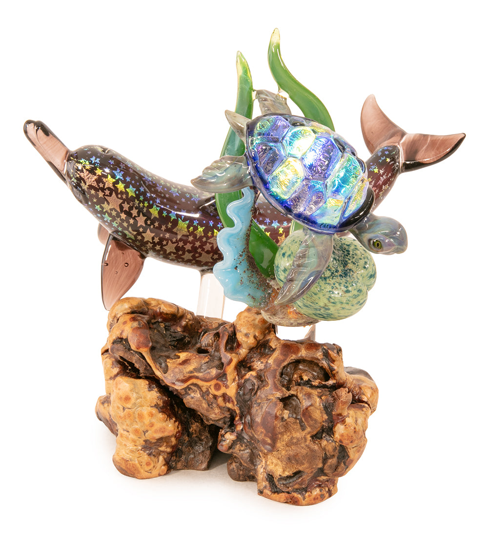 Glass "Dolphin / Turtle on Manzanita Burl Wood " by Luke Olsen