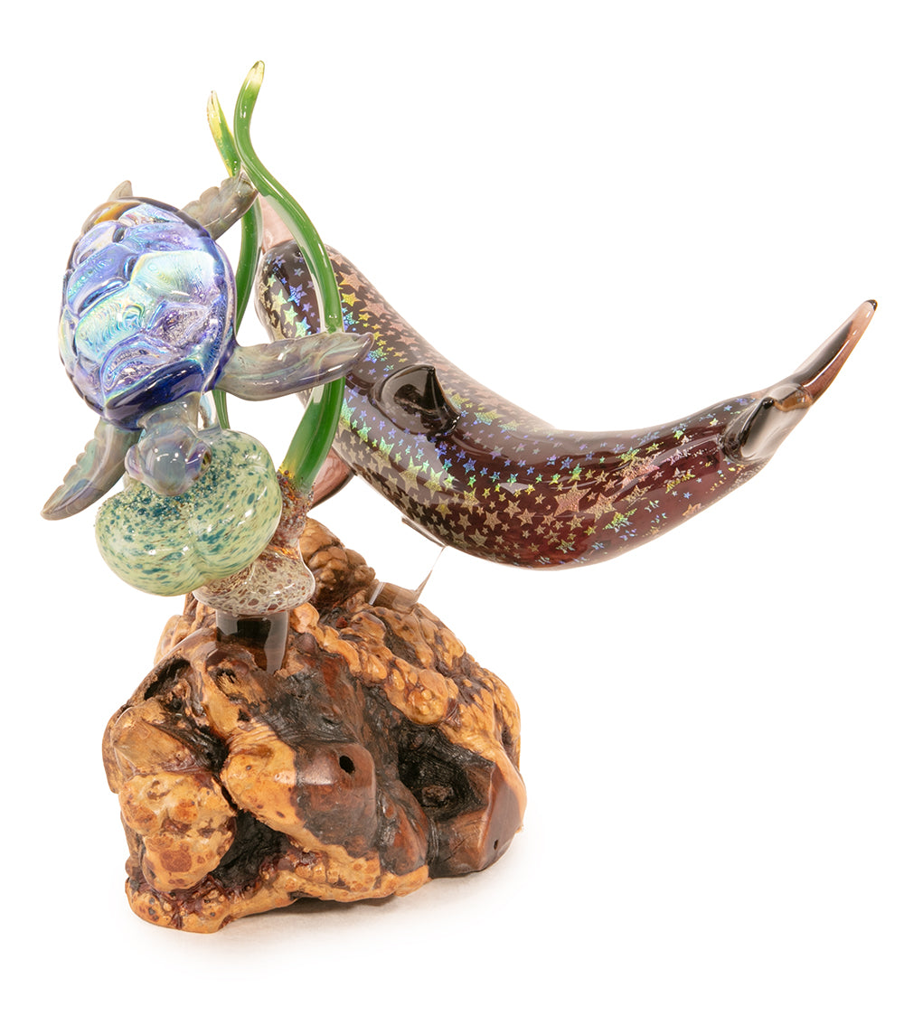 Glass "Dolphin / Turtle on Manzanita Burl Wood " by Luke Olsen