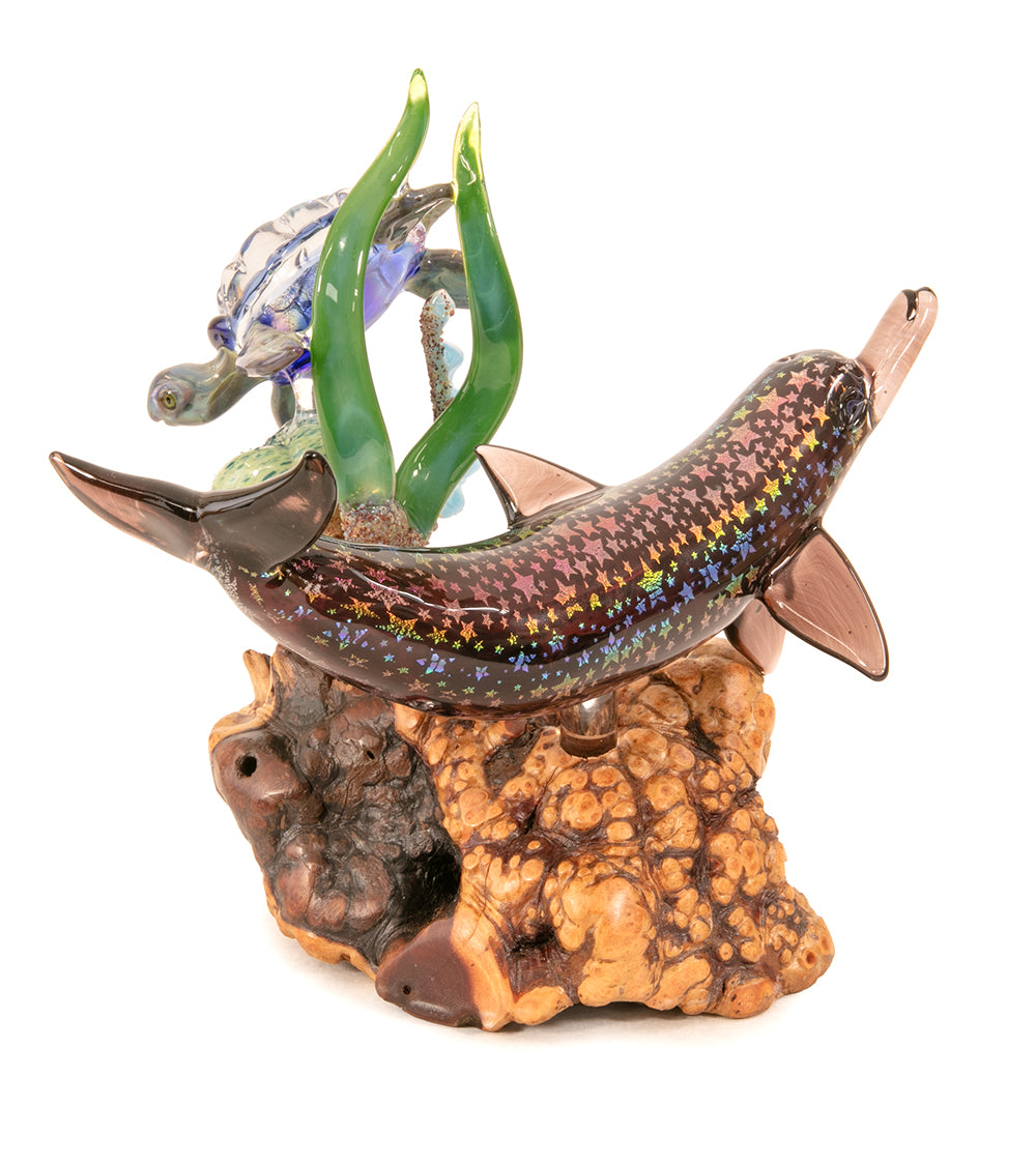 Glass "Dolphin / Turtle on Manzanita Burl Wood " by Luke Olsen