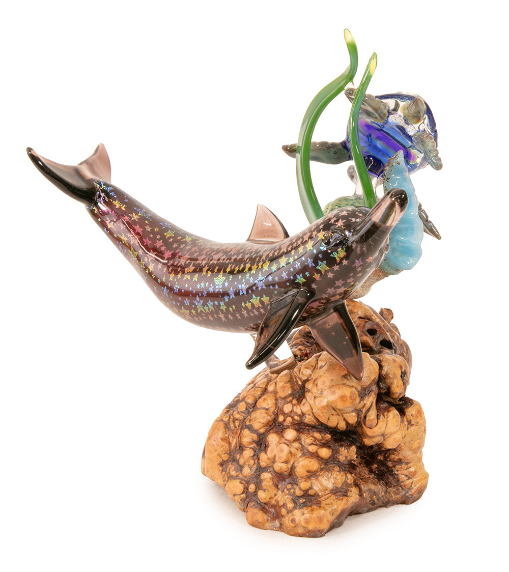 Glass "Dolphin / Turtle on Manzanita Burl Wood " by Luke Olsen