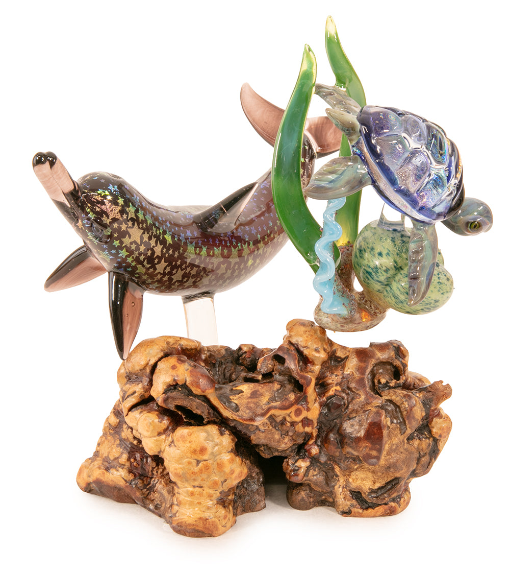 Glass "Dolphin / Turtle on Manzanita Burl Wood " by Luke Olsen