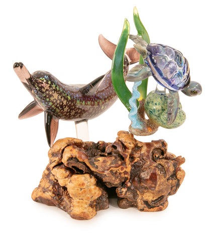 Glass "Dolphin / Turtle on Manzanita Burl Wood " by Luke Olsen
