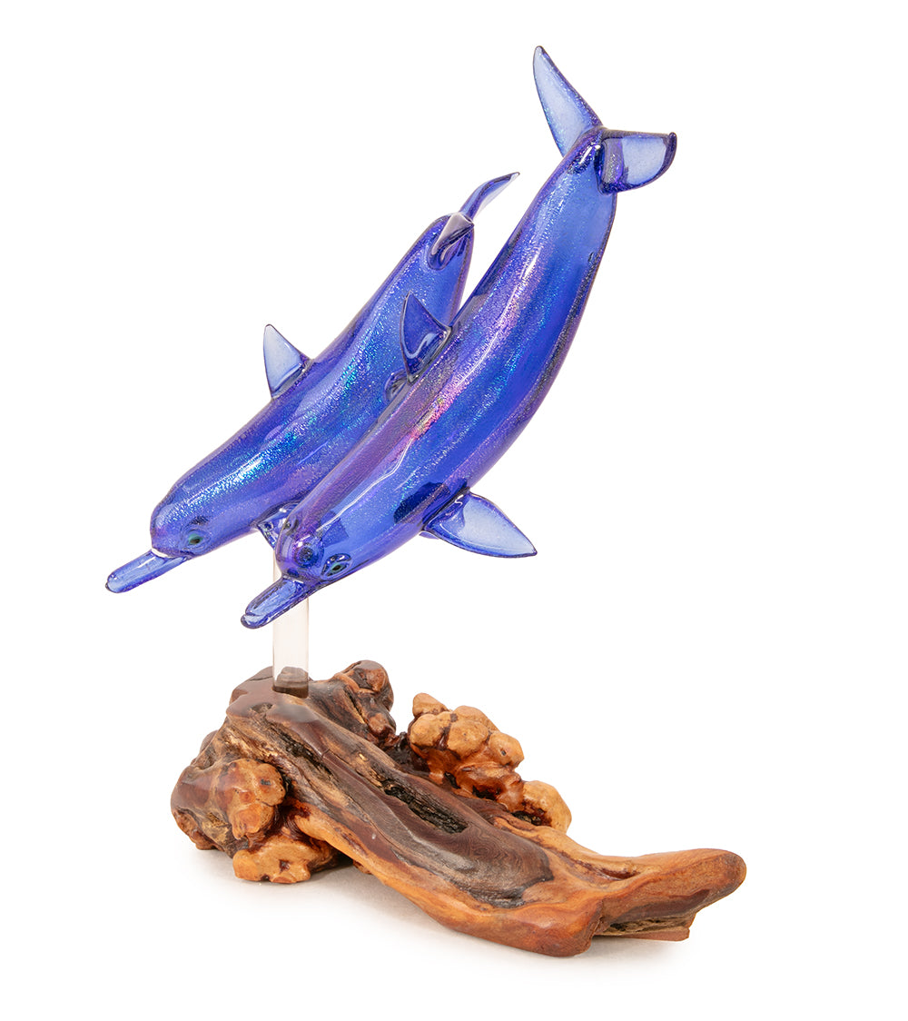 Glass "Two Dolphins on Manzanita Burl Wood " by Luke Olsen