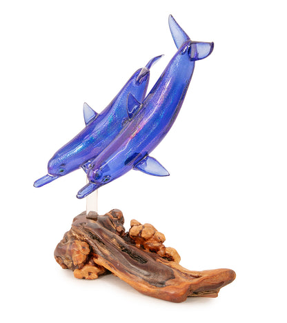 Glass "Two Dolphins on Manzanita Burl Wood " by Luke Olsen
