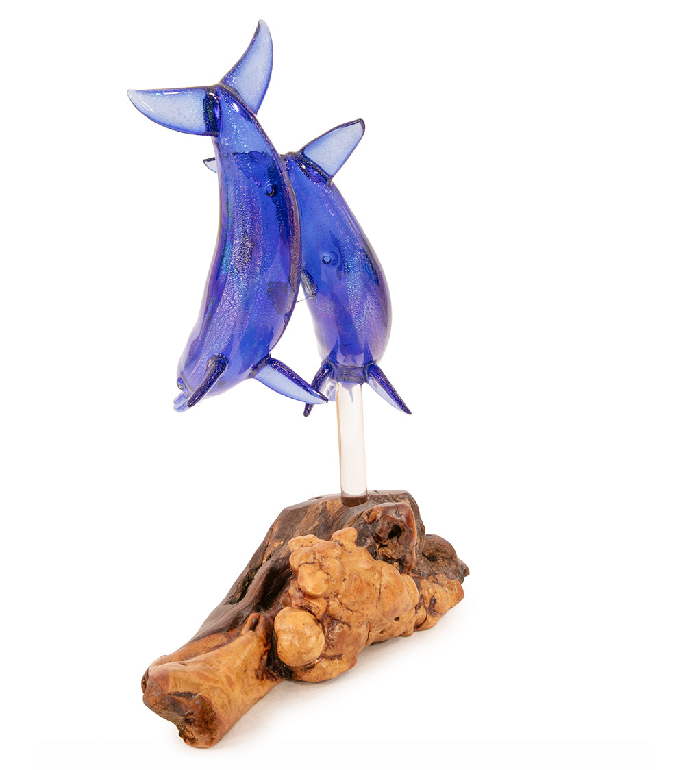 Glass "Two Dolphins on Manzanita Burl Wood " by Luke Olsen