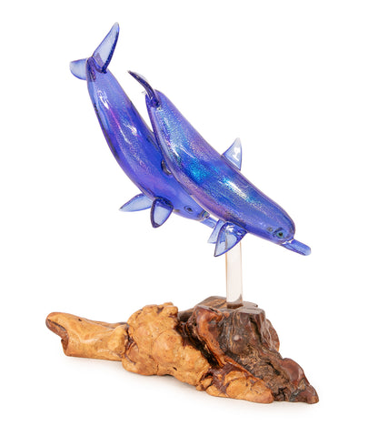 Glass "Two Dolphins on Manzanita Burl Wood " by Luke Olsen