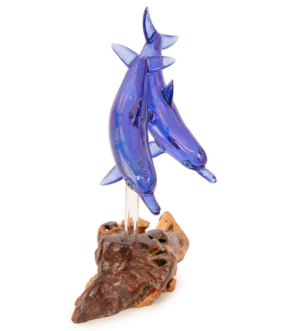 Glass "Two Dolphins on Manzanita Burl Wood " by Luke Olsen