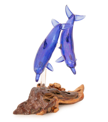 Glass "Two Dolphins on Manzanita Burl Wood " by Luke Olsen