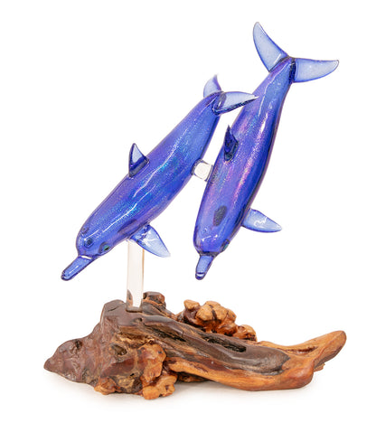 Glass "Two Dolphins on Manzanita Burl Wood " by Luke Olsen
