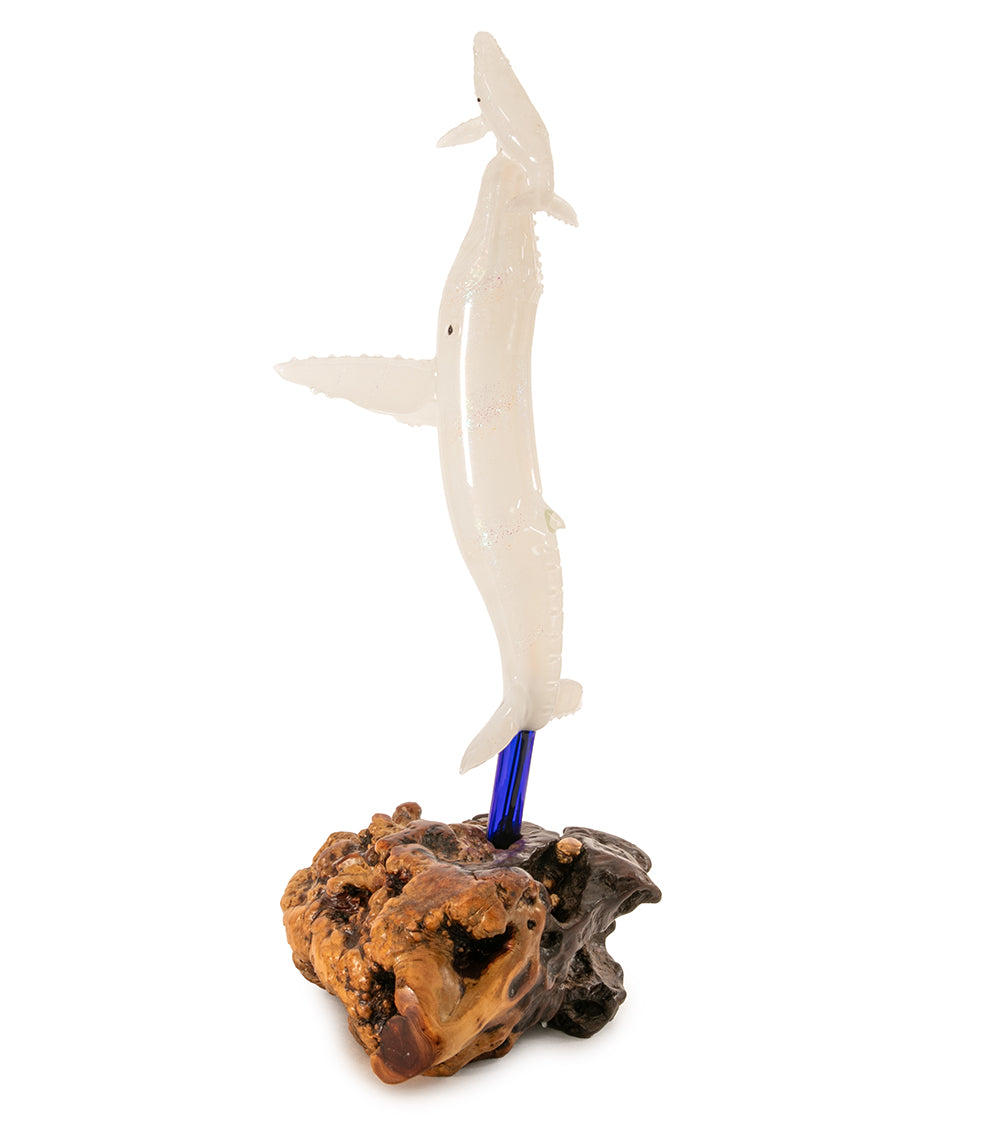 Glass "Opalescent Glass Whale Mother & Calf on Manzanita Burl Wood " by Luke Olsen
