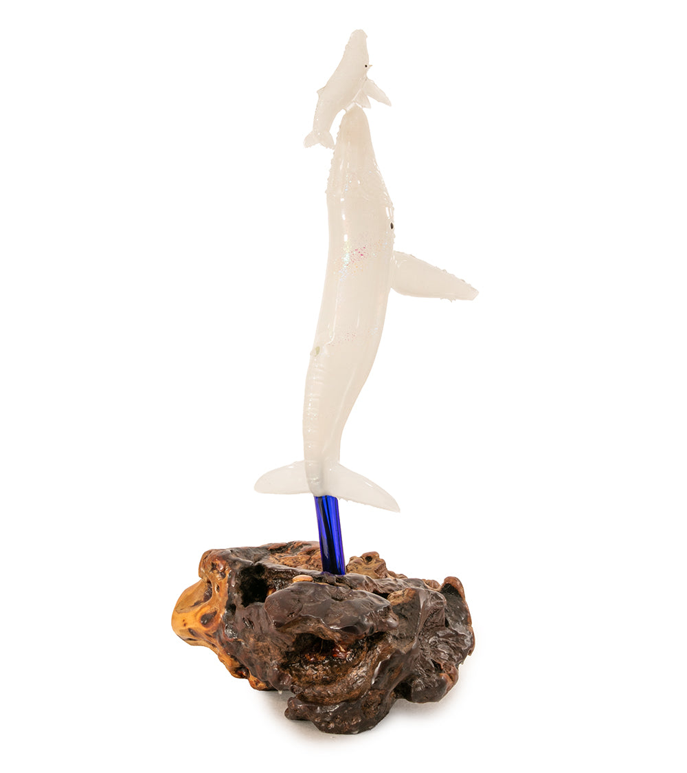 Glass "Opalescent Glass Whale Mother & Calf on Manzanita Burl Wood " by Luke Olsen