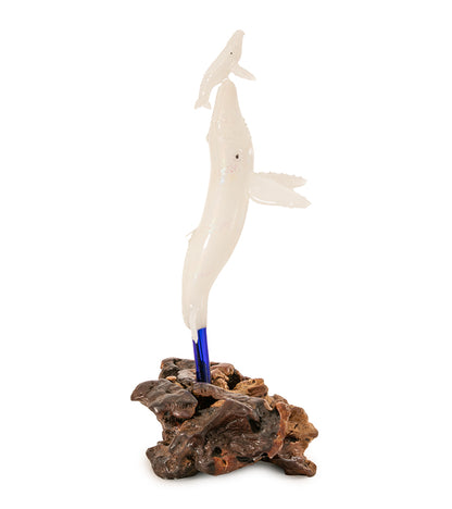 Glass "Opalescent Glass Whale Mother & Calf on Manzanita Burl Wood " by Luke Olsen