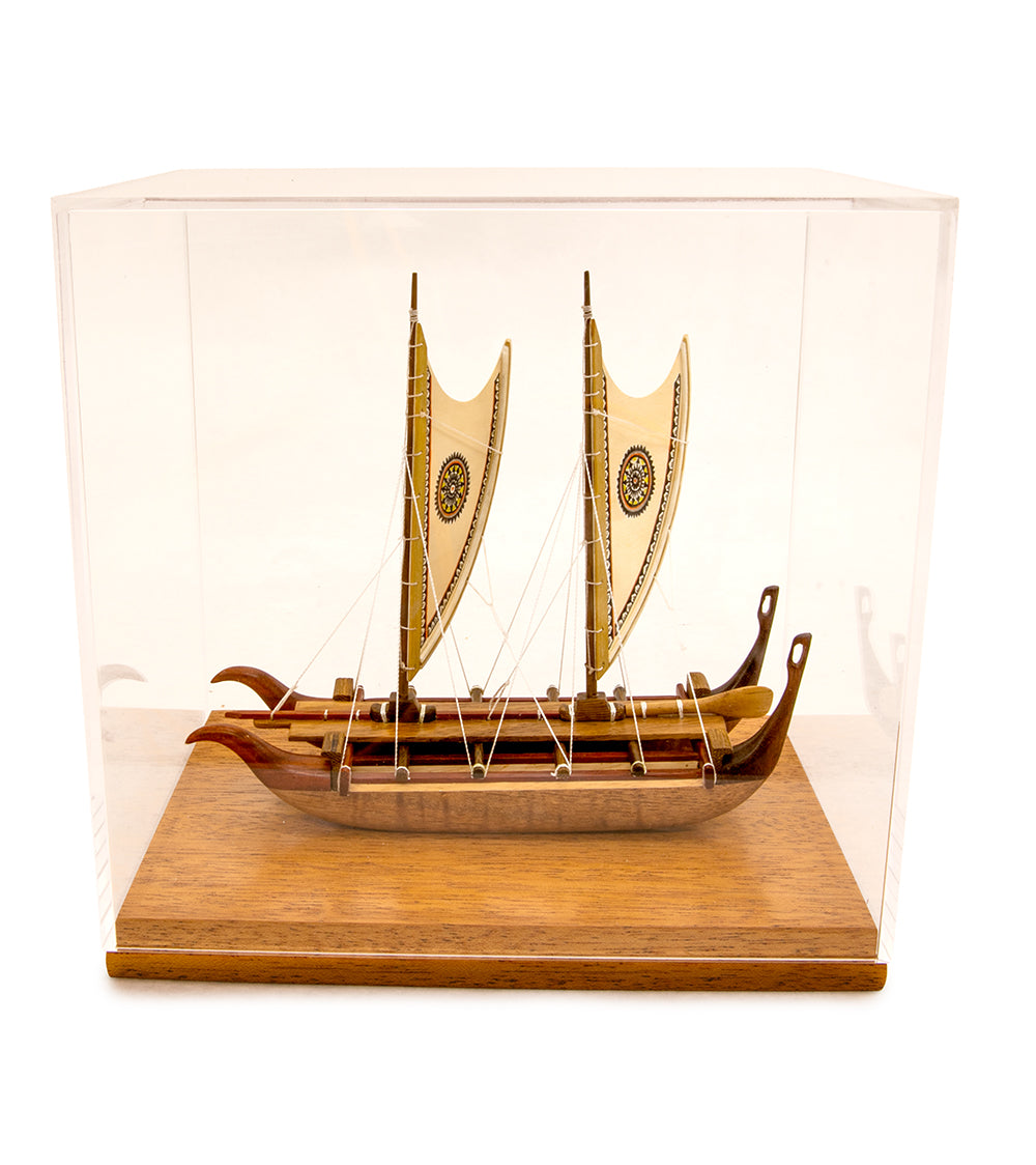 Koa 6”L Canoe “Marquesan Double-Hull Canoe with Painted Sails
