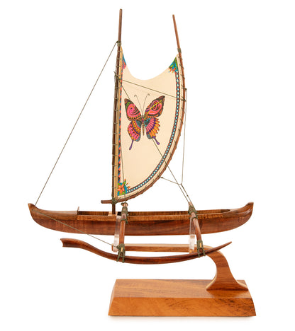 Koa 12" Canoe "Hawaiian Fishing" with Hand-Painted Sail by Francis Pimmel