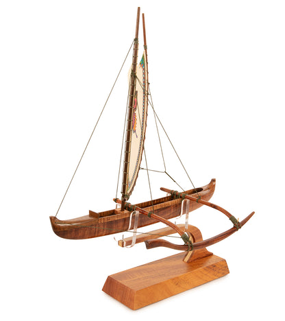 Koa 12" Canoe "Hawaiian Fishing" with Hand-Painted Sail by Francis Pimmel