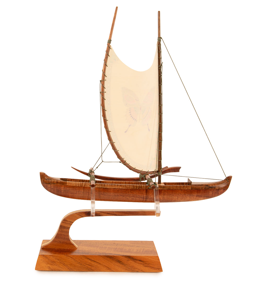 Koa 12" Canoe "Hawaiian Fishing" with Hand-Painted Sail by Francis Pimmel