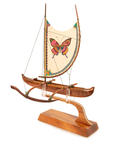 Koa 12" Canoe "Hawaiian Fishing" with Hand-Painted Sail by Francis Pimmel