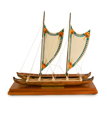 Koa 11.5”L Canoe "Hawaiian Voyage 2 Hull Sail/Hibiscus" by Francis Pimmel - PIMM46485C