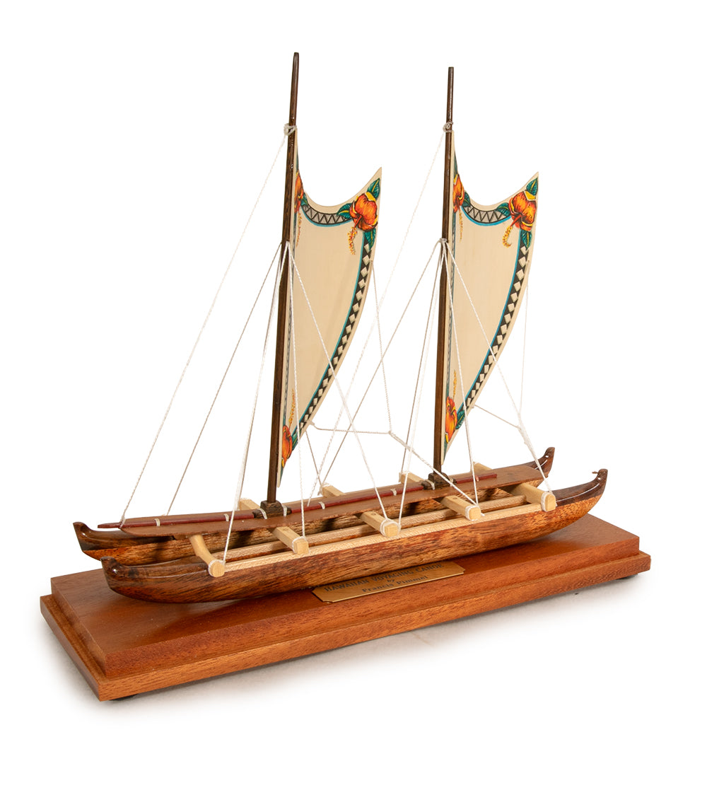 Koa 11.5”L Canoe "Hawaiian Voyage 2 Hull Sail/Hibiscus" by Francis Pimmel - PIMM46485C