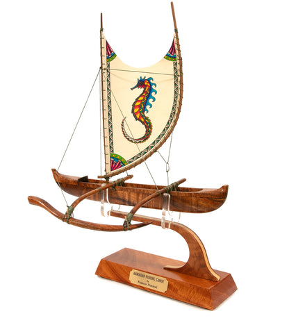Koa 12" Canoe Hawaiian Fishing with Hand-Painted Sail Seahorse" by Francis Pimmel