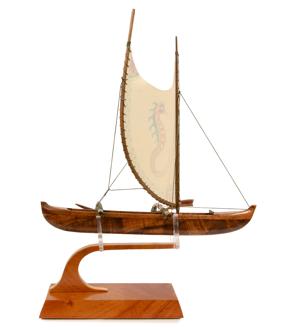 Koa 12" Canoe Hawaiian Fishing with Hand-Painted Sail Seahorse" by Francis Pimmel
