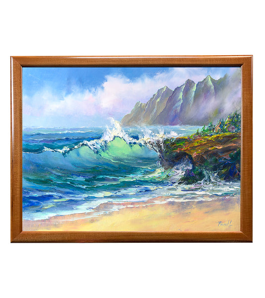 Original Painting: Surf, Ocean, Mist 5/23 by Michael Powell in Koa Frame 24x18