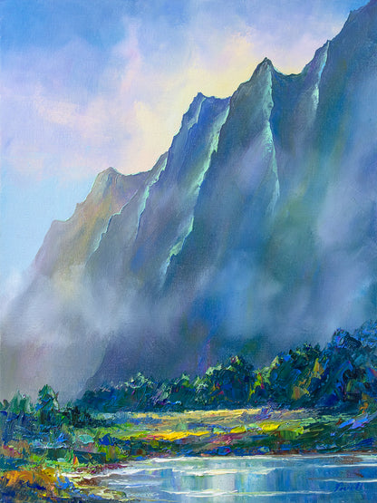 Original Painting: Peaceful Morning 5/23 by Michael Powell in Koa Frame 18x24