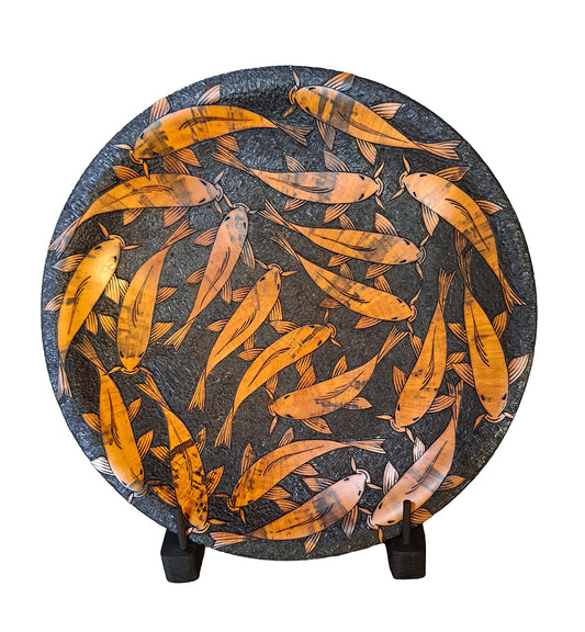 Pyrography Cook Pine Platter with stand "Koi Pond" #863