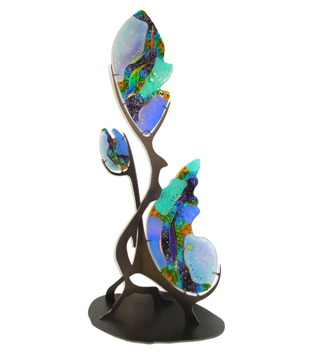Septre floor-standing sculpture with blue and green glass elements
