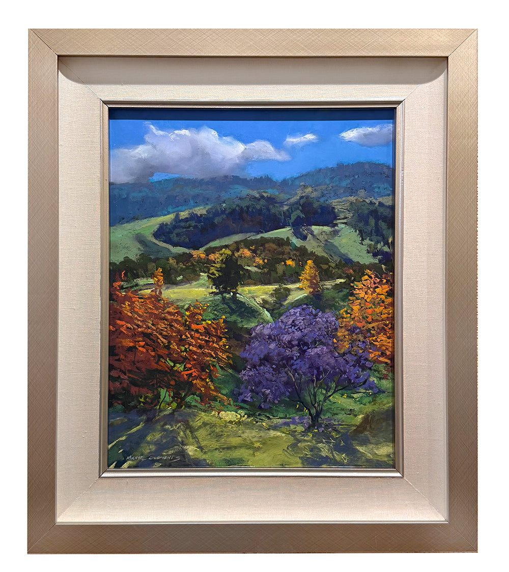 Original Pastel Painting "Silk Oaks Jacaranda" by Michael Clements 14 x 17