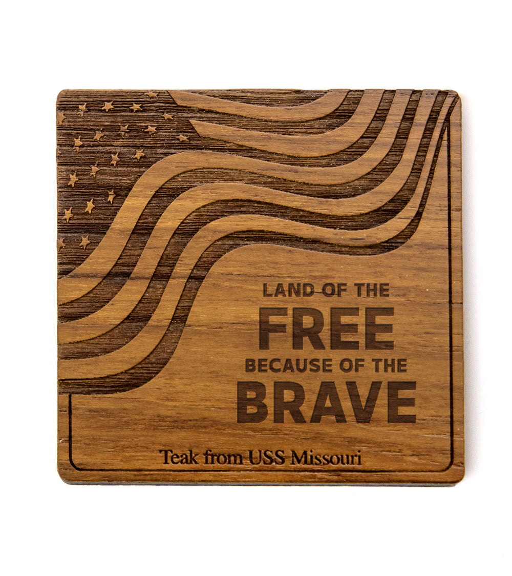 USS Missouri - Posavasos de teca con bandera de EE. UU.