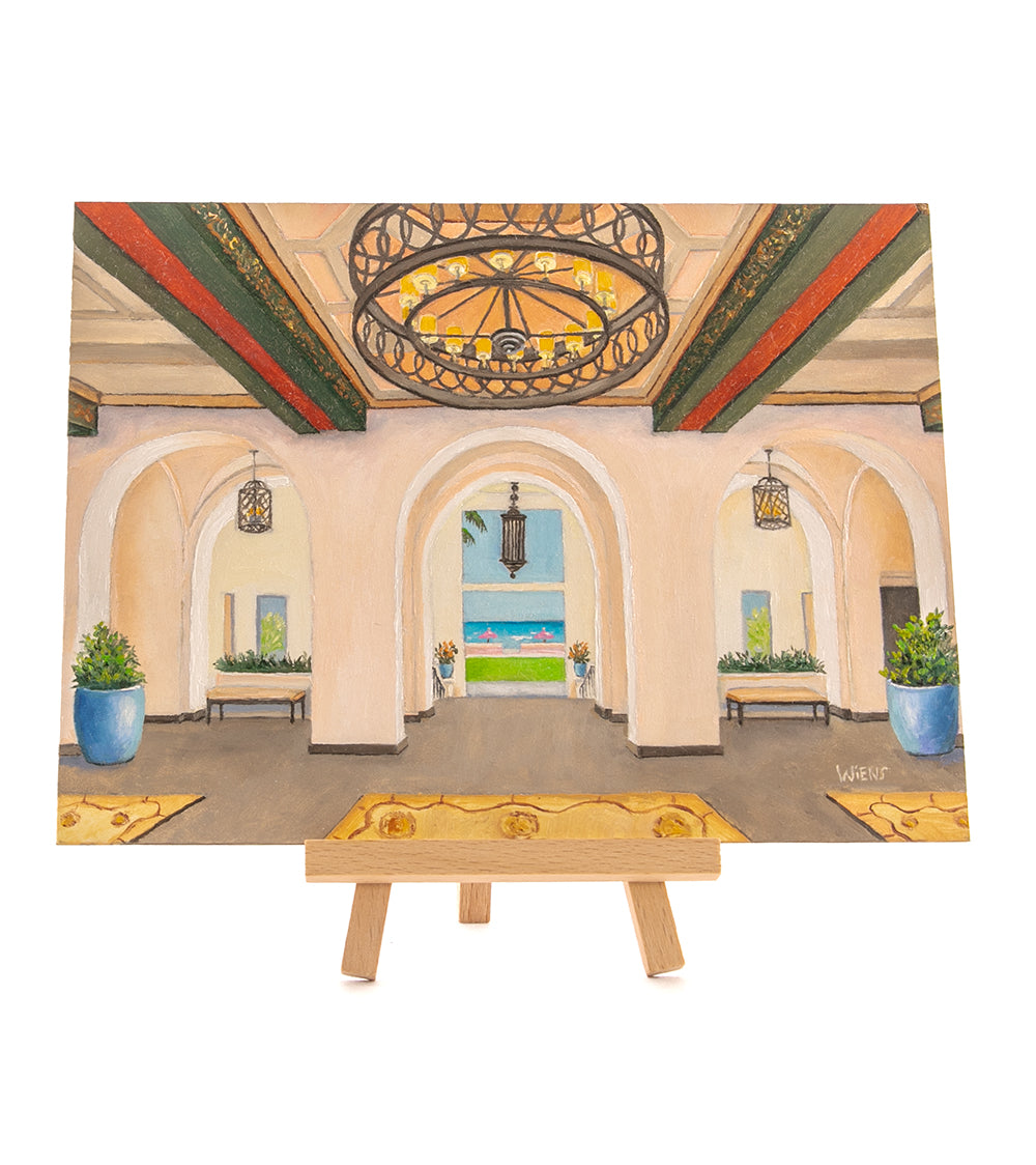Original Oil Painting "Inside the Royal Hawaiian Hotel 974" with Table-top Easel by Laura Wiens