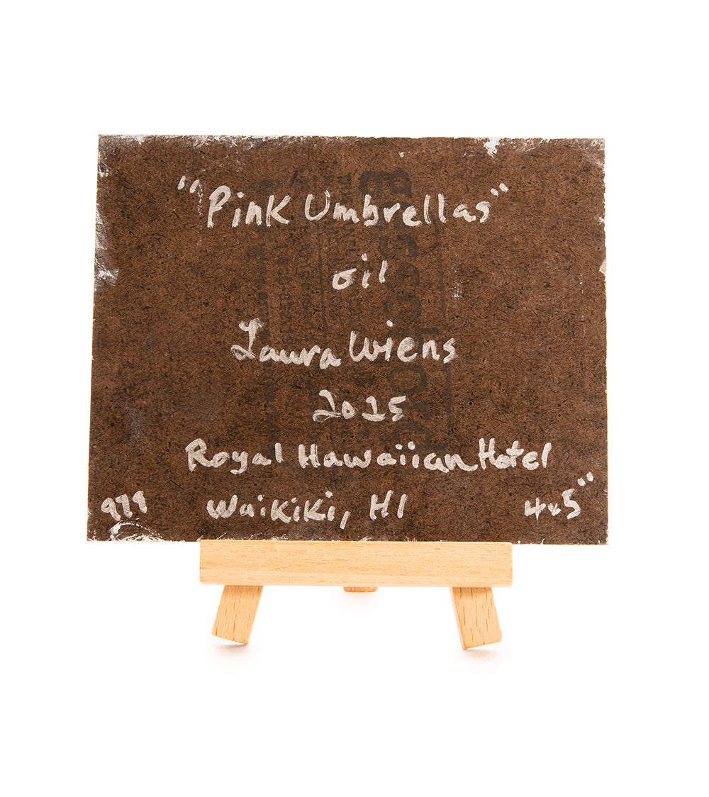 Original Oil Painting "Pink Umbrellas 979" with Table-top Easel by Laura Wiens