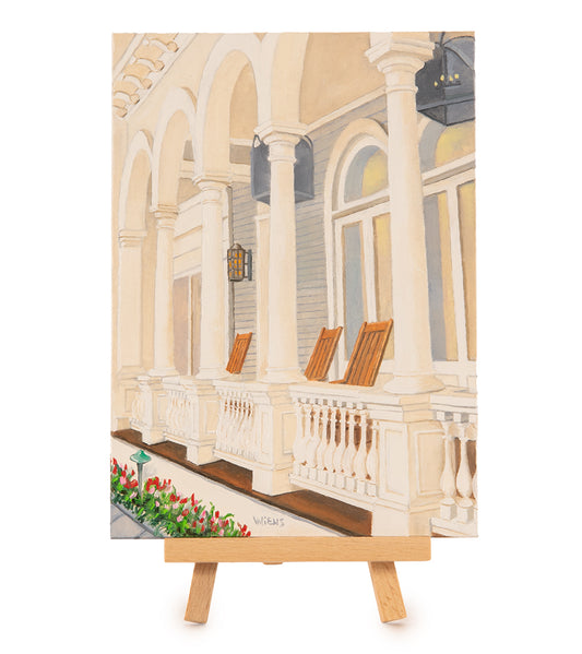 Original Oil Painting "Rocking Chairs at the Moana Surfrider 987" with Table-top Easel by Laura Wiens