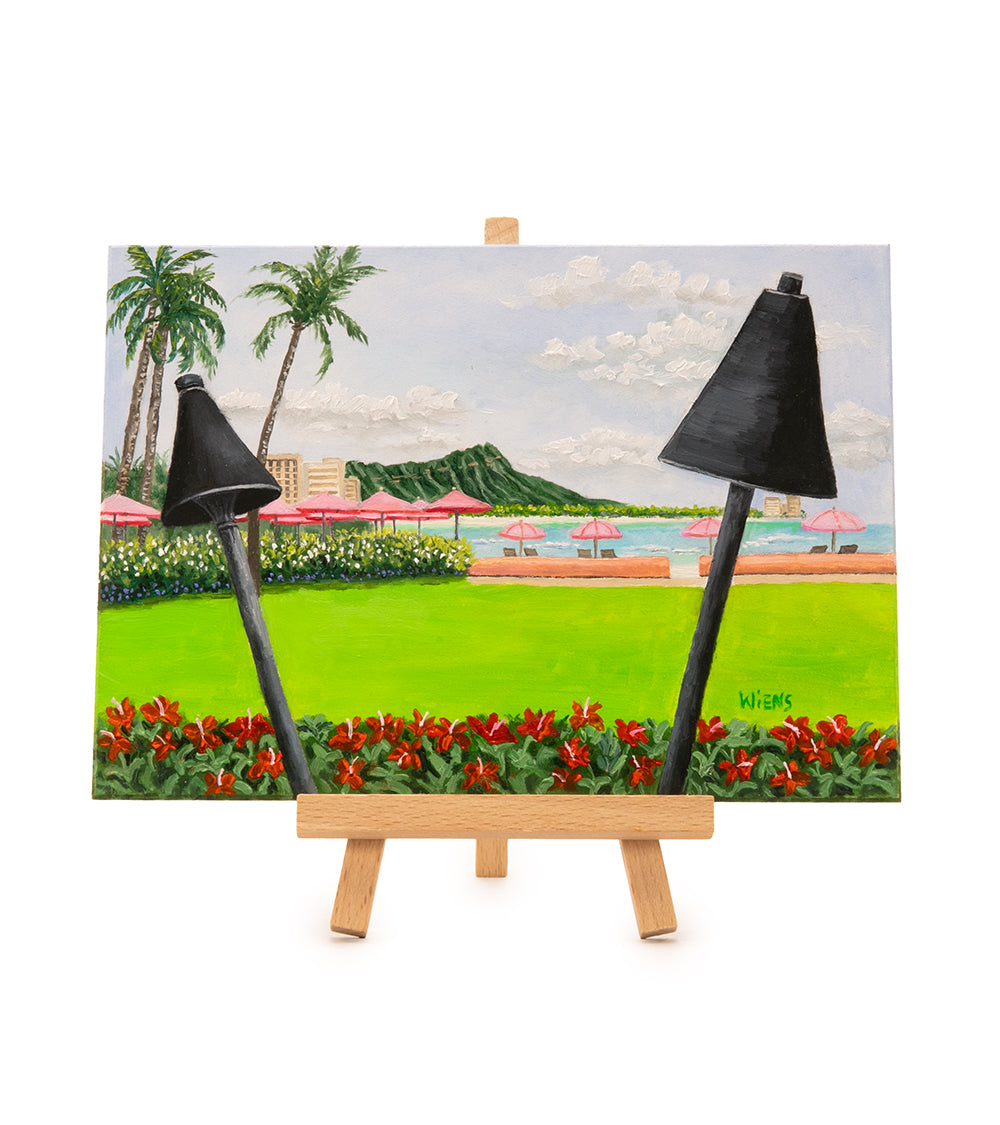 Original Oil Painting "Diamond Head View from The Royal Hawaiian 1002" with Table-top Easel by Laura Wiens