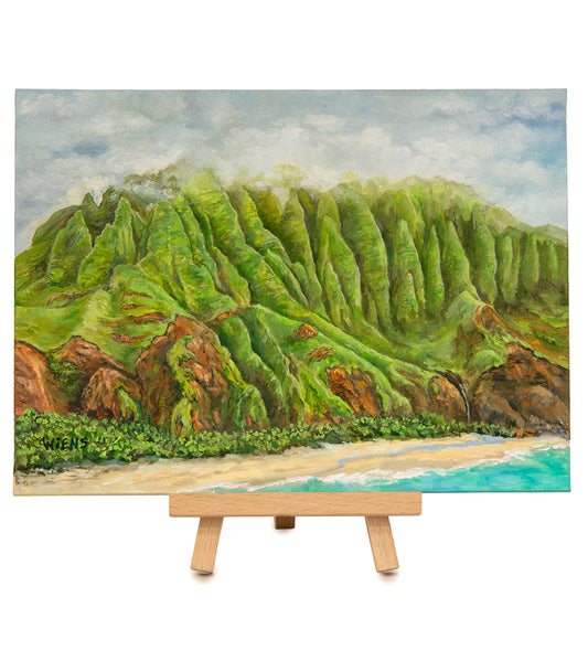 Original Oil Painting "Fluted Mountains of the Napali Coast 1029" with Table-top Easel by Laura Wiens
