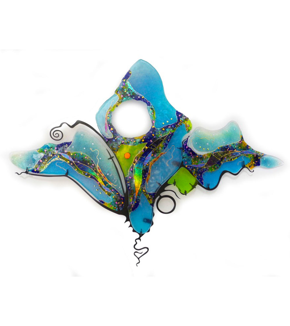 Wings wall sculpture with blue and green glass
