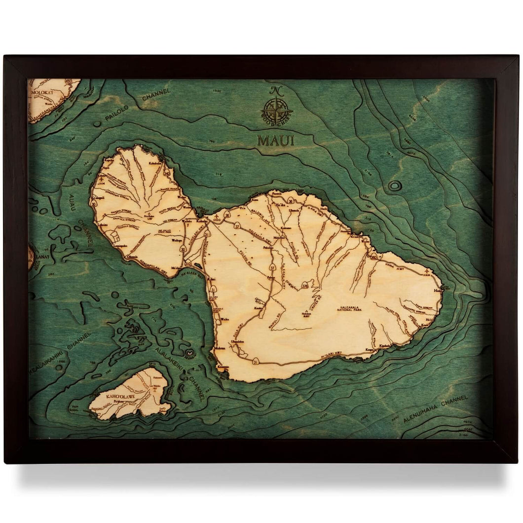 Maui Nautical Wood Map in Frame