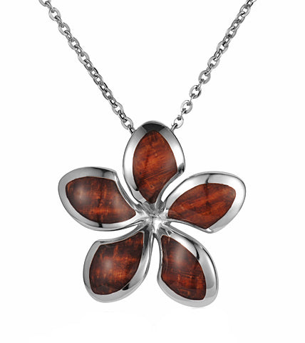Colgante de plumeria koa de acero inoxidable