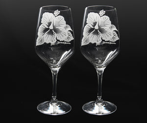 Sand-Etched Hibiscus Red Wine. Set of 2
