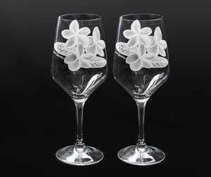 Sand-Etched Plumeria Red Wine. Set of 2