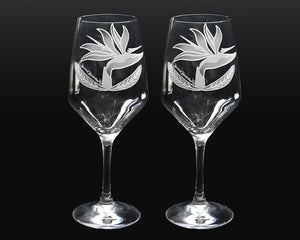 Sand-Etched Bird of Paradise Red Wine Glasses