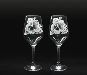 Sand-Etched Hibiscus White Wine. Set of 2