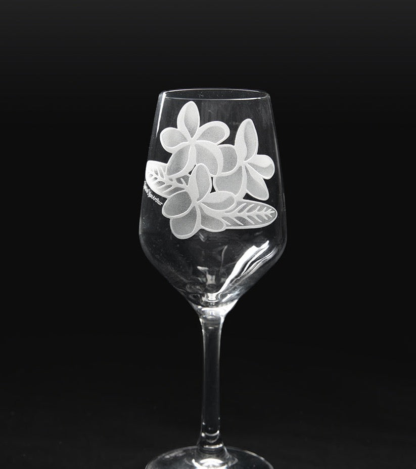 Sand-Etched Plumeria White Wine. Set of 2