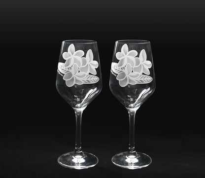 Sand-Etched Plumeria White Wine. Set of 2