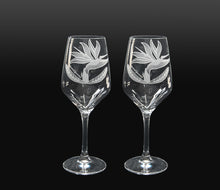 Sand-Etched Bird of Paradise White Wine. Set of 2